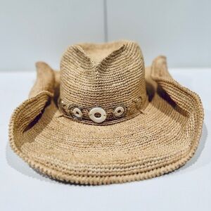Helen Kamanski -raffia cowboy hat with shell detailing and wired rim / one size